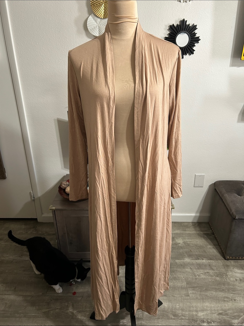 Long Open-Front Women’s Cardigan Knit in Light Taupe